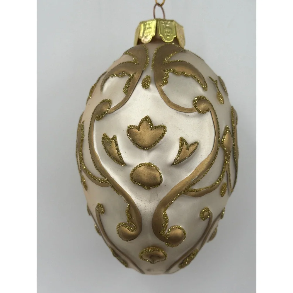 Santa's Best Glass Egg Christmas‎ Ornament Gold Glitter Filigree Pearl White